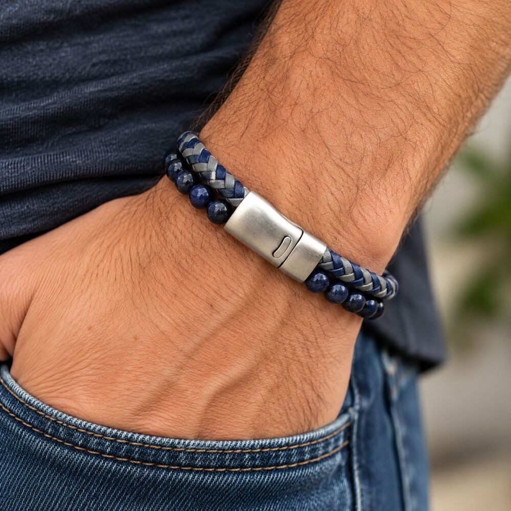 Spartali Men's Blue Beaded Braided Bracelet Stainless Steel Magnetic Clasp 8.5"